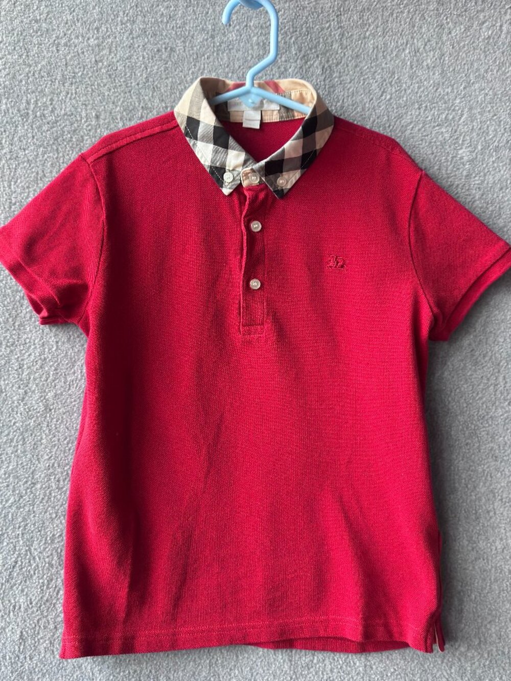Burberry Kids Red Cotton Polo Shirt 10Y Nova Check Collar Designer Short Sleeve